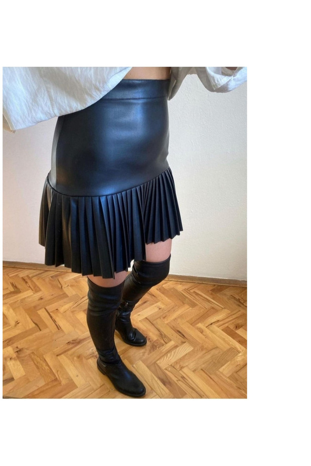 Deri yarım pliseli kısa etek - 3