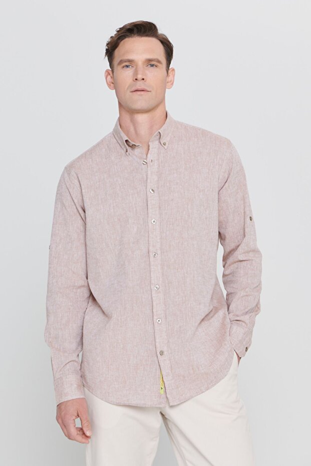 Erkek Camel Keten Comfort Fit Rahat Kesim Düğmeli Yaka Casual Gömlek - 3