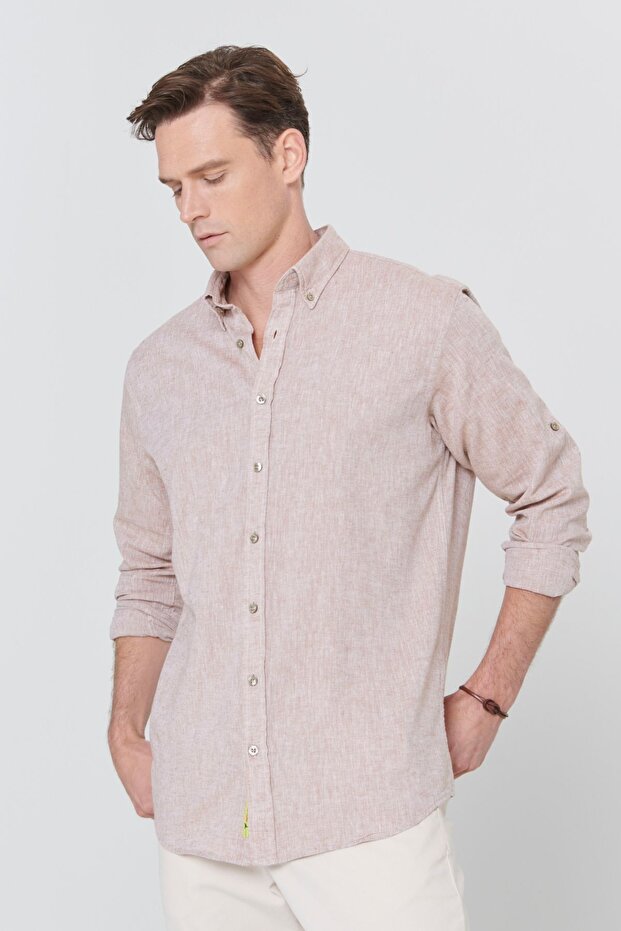 Erkek Camel Keten Comfort Fit Rahat Kesim Düğmeli Yaka Casual Gömlek - 1