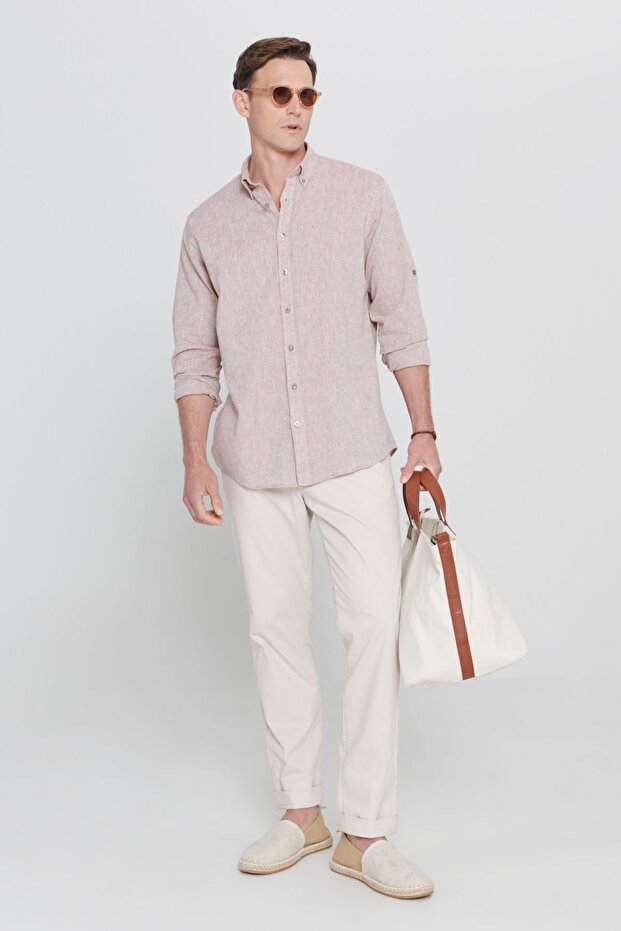 Erkek Camel Keten Comfort Fit Rahat Kesim Düğmeli Yaka Casual Gömlek - 2