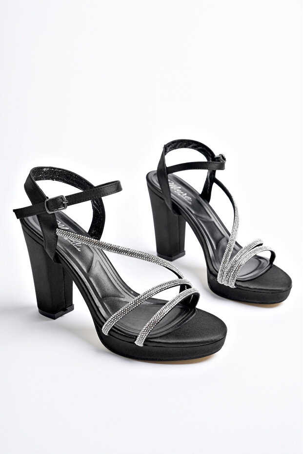Women's Black Leather Platform 3 Stone Heeled Shoes