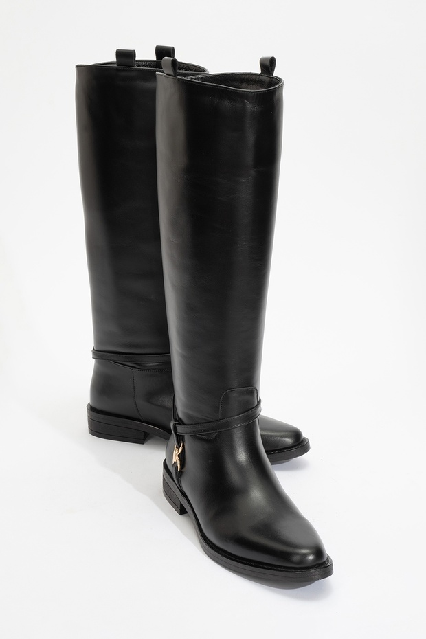 May Black Skin Genuine Leather Gold Buckle Women's Riding Boots