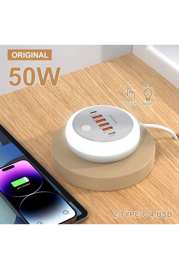 50W Çoklu Port USB-C Hızlı Şarj Adaptörü 4USB + 2Type-C Gece Lambalı iPhone 12 13 Uyumlu - 5