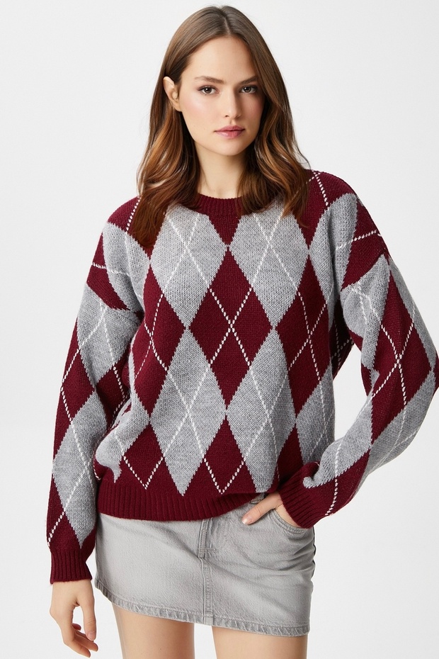 Women's Edwin Burgundy Gray Diamond Pattern Knitwear Sweater