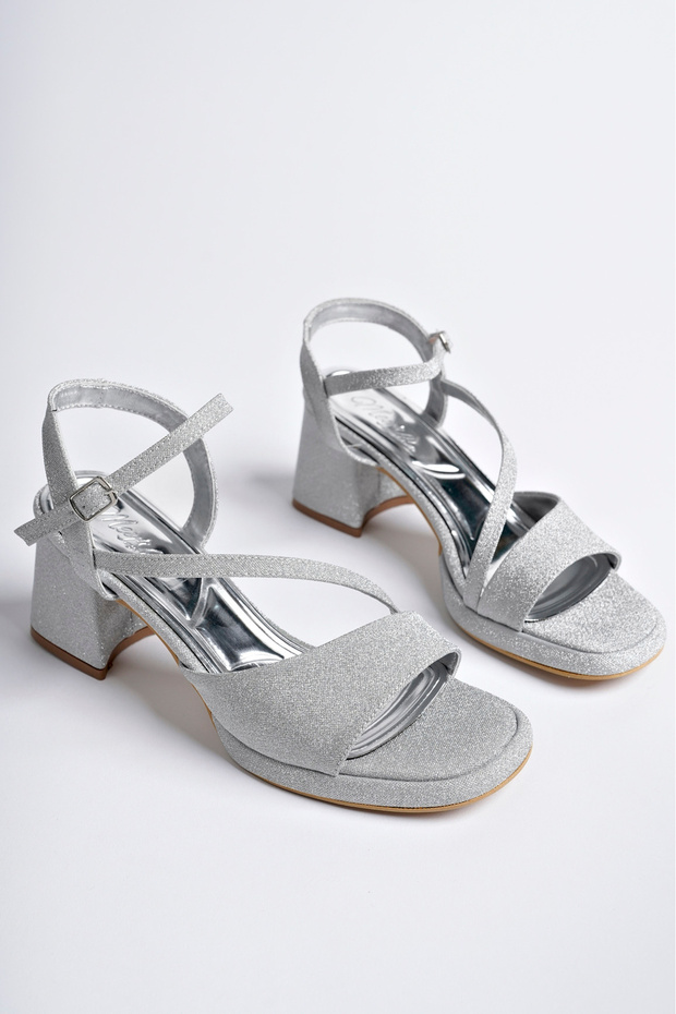 Women's Silver Silvery Stylish Thick Heeled Shoes