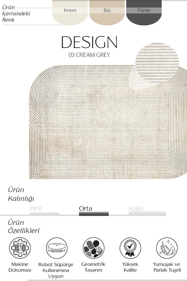 Design 03 Krem Bej Salon Halısı Geometrik Desen Yüksek Kalite Sık Dokuma Modern Oturma Odası Halısı - 3