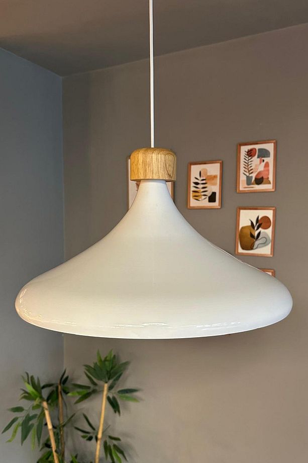 45 Cm Çap XL Beyaz Geniş Ahşap Başlık Avize Tekli Sarkıt Lamba Restoran Salon Mutfak Avize - 2