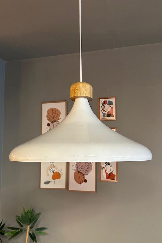 45 Cm Çap XL Beyaz Geniş Ahşap Başlık Avize Tekli Sarkıt Lamba Restoran Salon Mutfak Avize - 6