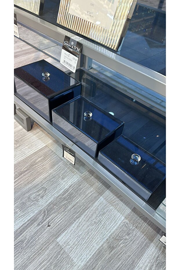 Esterhomedecor 3-Piece Mirrored Glass Accessory Box with Lid Anthracite 21,5*15*10Cm-19,5*13*7Cm-17,5*11*4Cm