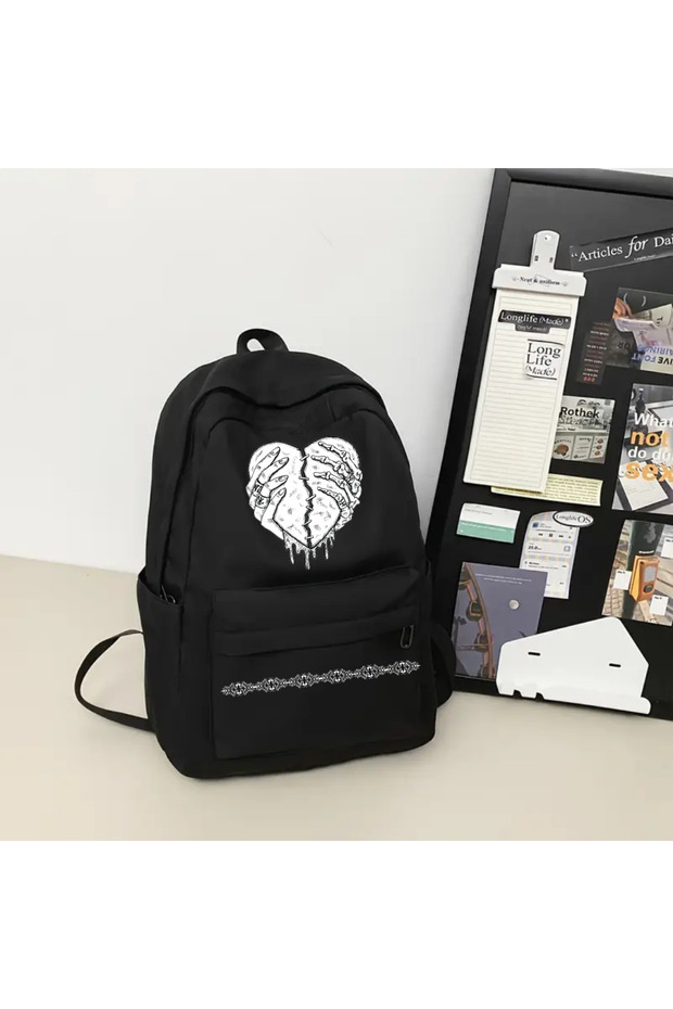حقيبة ظهر مدرسية ومدرسية ومطبوعة على شكل قلب قوطي - 1