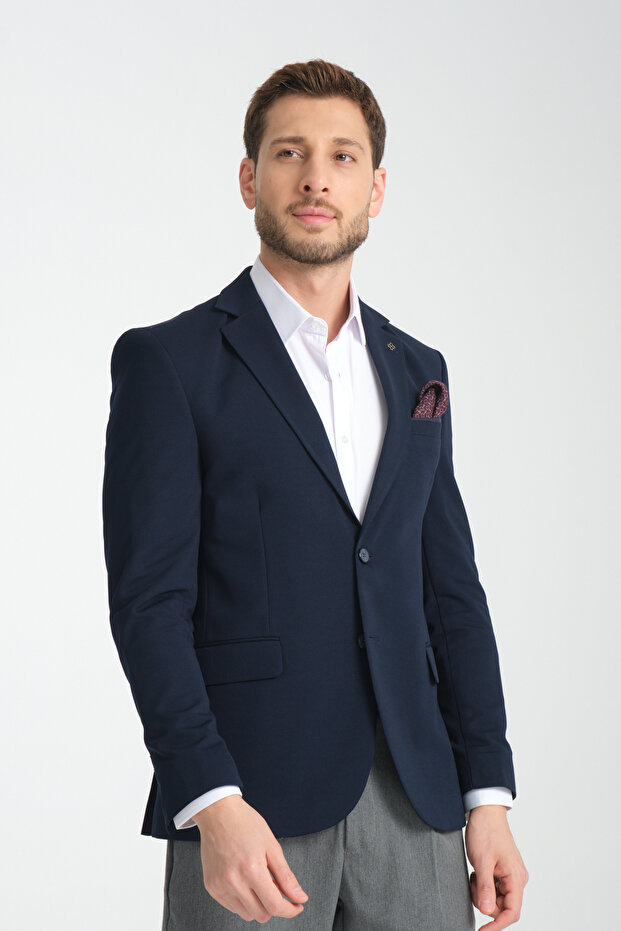 Baselna Men's Navy Blue Stretching Lycra Fabric Fully Lined Slim Fit Mono Collar Slim Fit Blazer Jacket