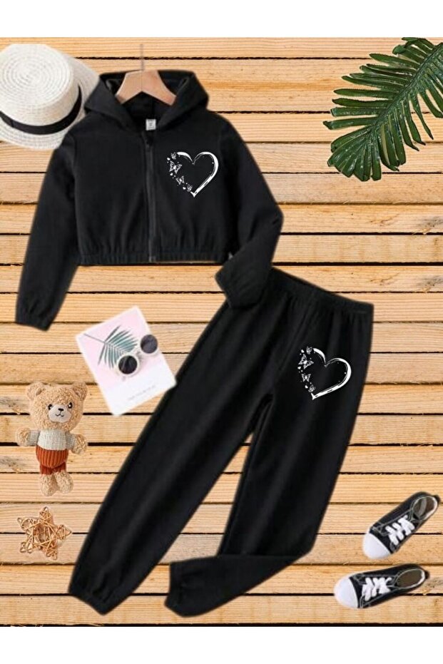 Butterfly Heart Printed Zippered Crop Jacket & Elastic Bottom Girls' Tracksuit Set