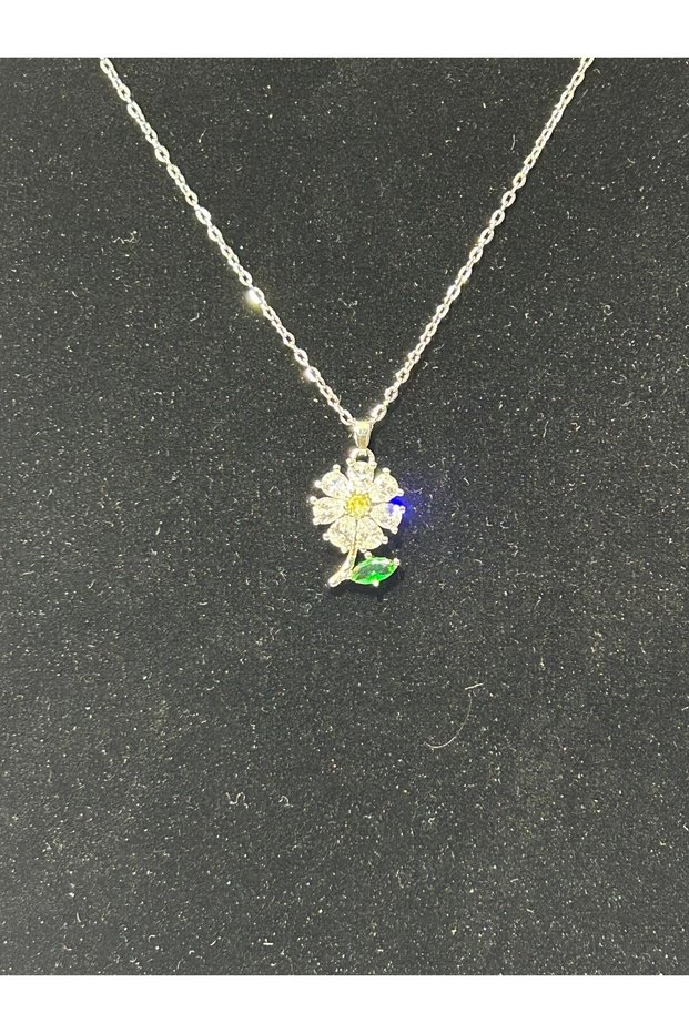 Bijuterikolik Women Steel Flower Silver Grey Color Covered with Stones Flower Necklace 00011