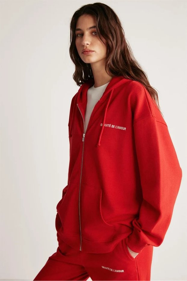 Amethys Women's Oversize Organic Cotton Metal Zippered Hooded Fleece Inside Red Sweatshirt