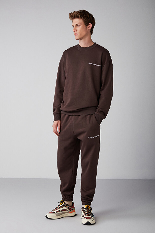 Marshall Men's Cotton Fleece Inside Embroidered Relaxed Brown Tracksuit Set - 1