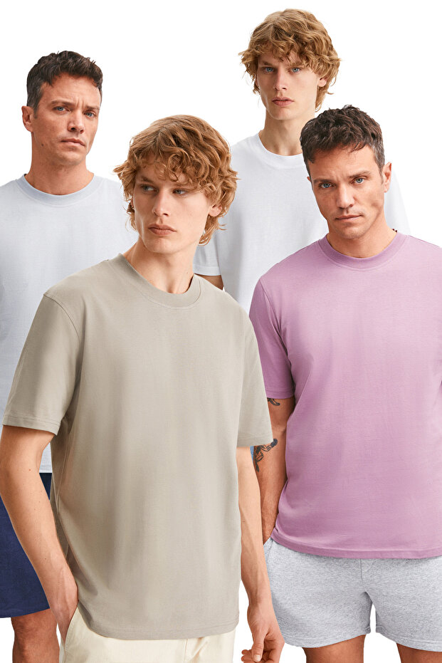 Alessandro Men's 4-Piece Organic Cotton Regular Thick Textured Crew Neck Pmb/ Grey/ Vzn/ Byz T-Shirt