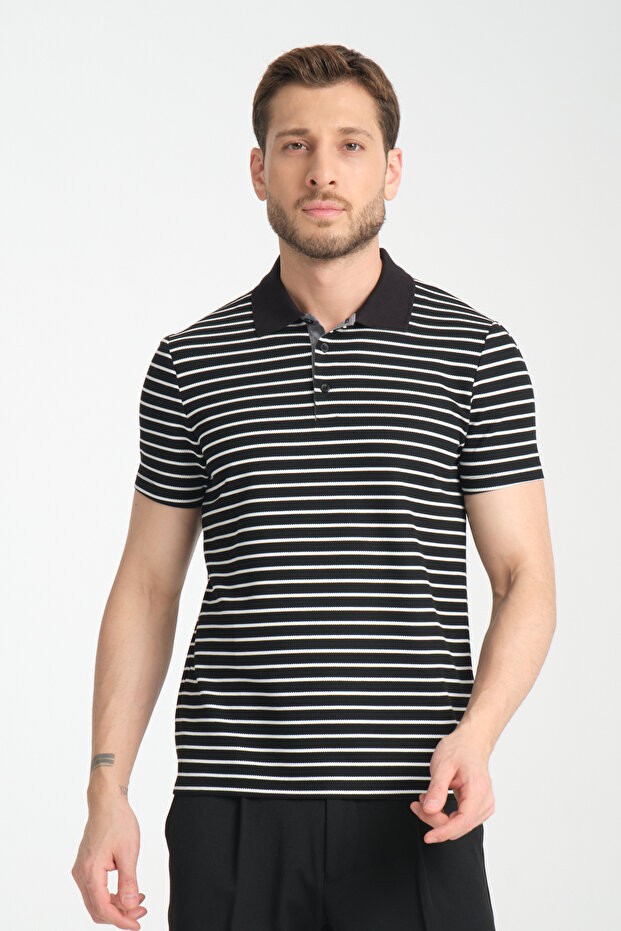 Violes Men's Striped Slim Fit 100% Cotton Black Polo Neck T-Shirt