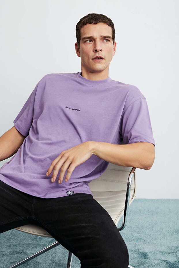 Rıver Erkek Oversize Fit Bol Kesim Nakış Işlemeli Basic Örme Mor T-shirt - 4