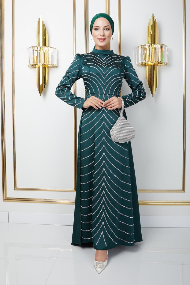 Satin Hijab Evening Dress with Stone Embellishments on the Front and Sleeves and a Cape Skirt Green 1674