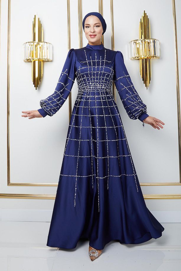 Önü ve Kolları Taş ve Pul Bezeli Kloş Saten Tesettür Abiye Elbise LACİVERT 1675 - 2