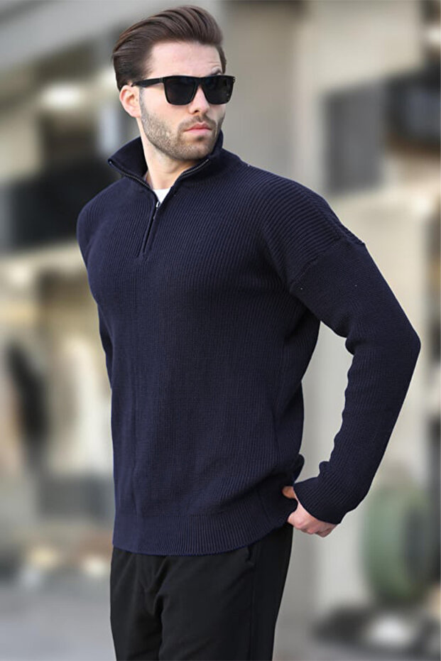 Navy Blue Zipper Collar Knitwear Men's Sweater E7295