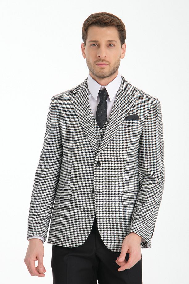Kazayağı Slim Fit Desenli Mono Yaka Çift Yırtmaçlı Astarlı Takim Elbise - 6