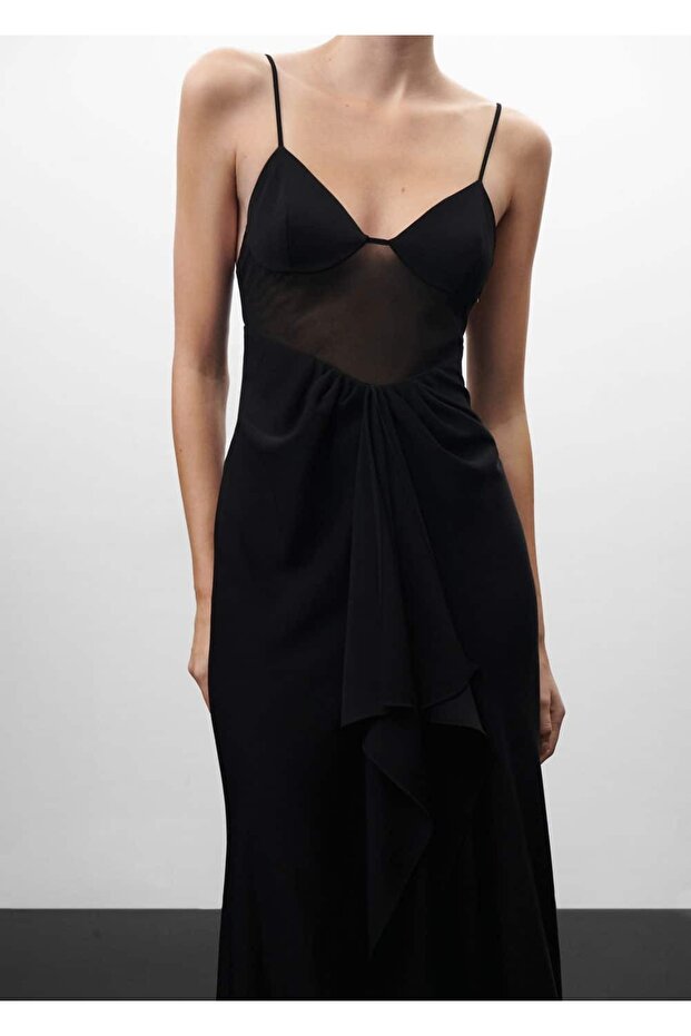 Yarı transparan panelli volanlı elbise - 5