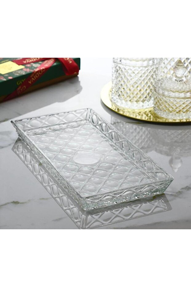 حامل عرض زجاجي مستطيل الشكل بنمط الماس - طبق فاكهة - 1