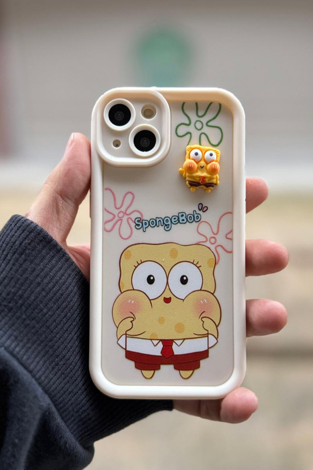 Iphone 15 Plus / 14 Plus Compatible Case Spongebob Pattern 3d Toy Camera Protected Cover Cream - 1