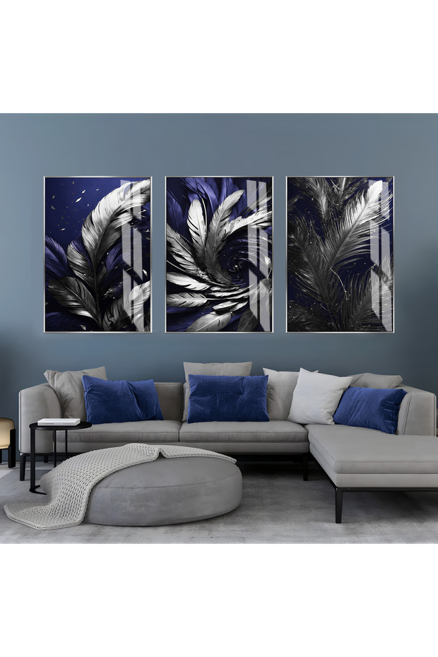 Hari̇kabi̇rev | Dark Blue-Silver Leaf Combination | Framed Glass Table 3 Pieces Vertical
