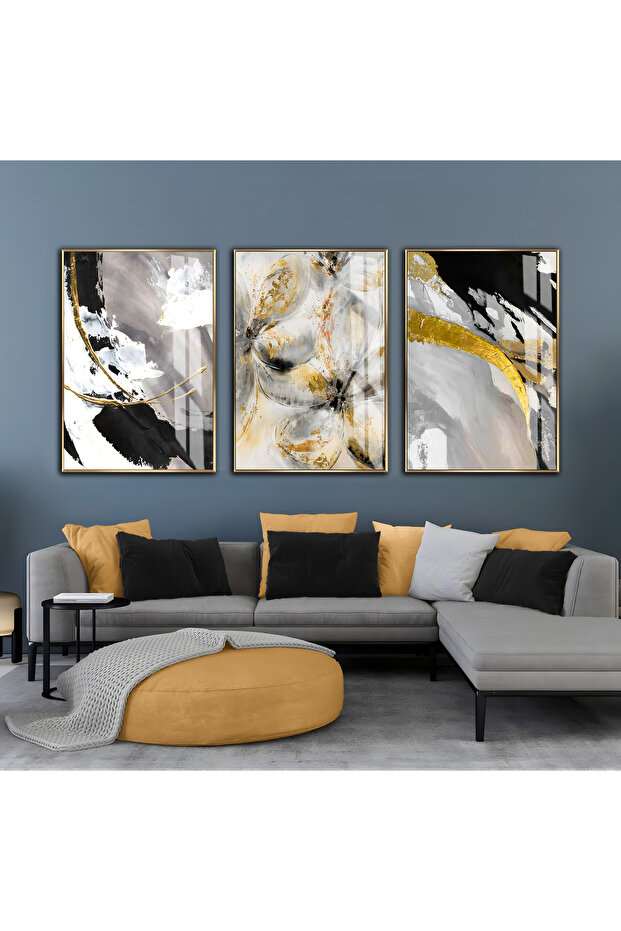 Hari̇kabi̇rev | Gray-Gold-Black Abstract Flower Combination Ii | Framed Glass Table 3 Pieces Vertical