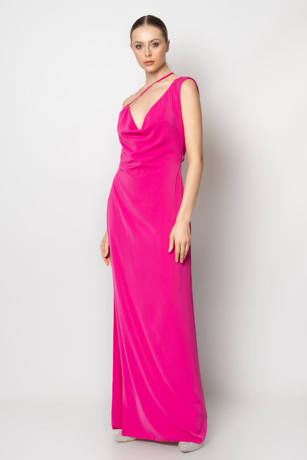 Yakasından tek omzuna ip askılı degaje yaka abiye elbise - 1