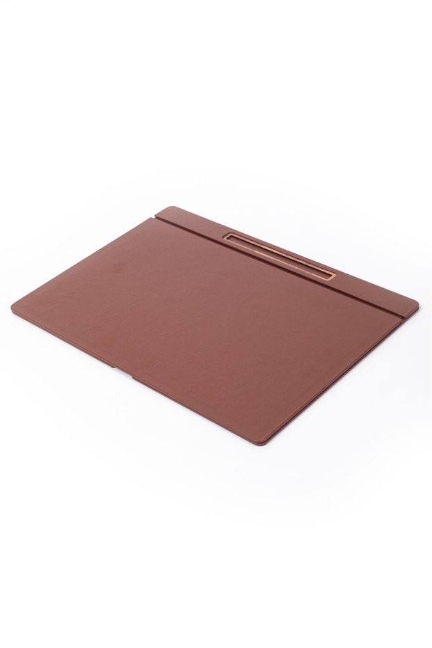 Table Cluster with Leather Cover Tan Wood Detail 50x35cm