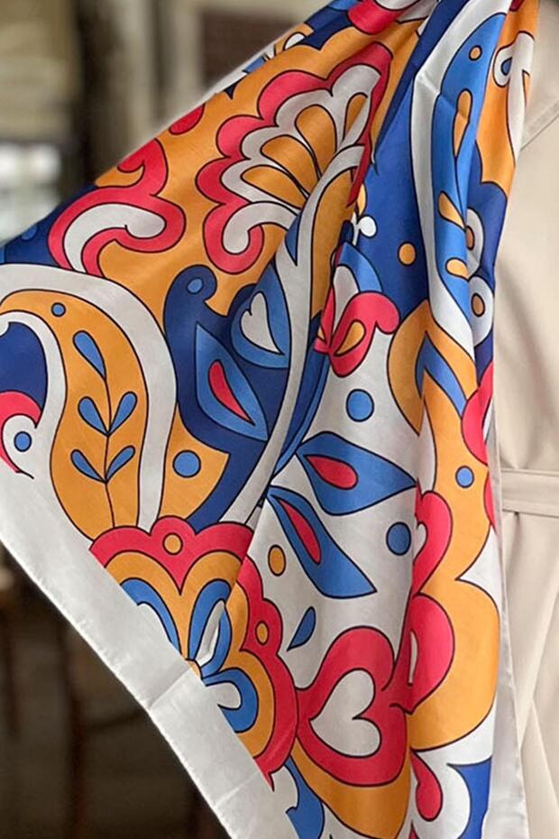 Soft Pamuk Şal - Mira Desen - SLT2527-01 - Mavi, Turuncu, Pembe - 6