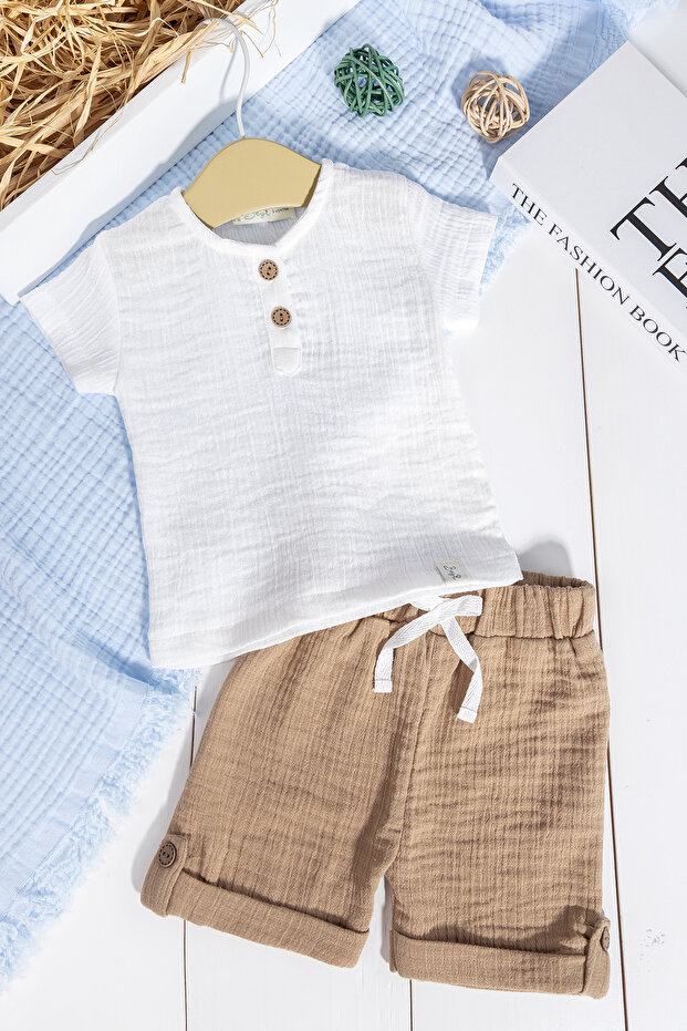 Summer Baby Boy Set with 100% Cotton Muslin Buttoned Bottom and Top Shorts