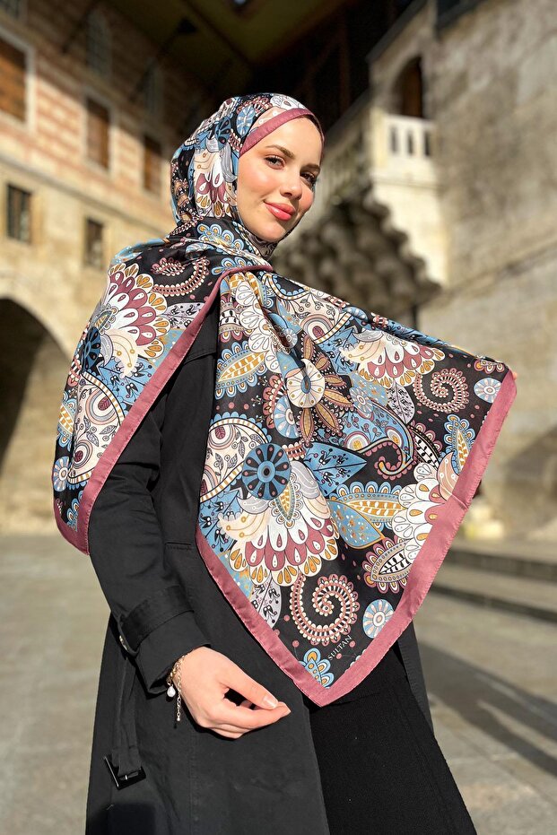 Soft Pamuk Şal - Çiçeksi Şal Desen - SLT2562-17 - Koyu Gül Kurusu, Mavi - 1