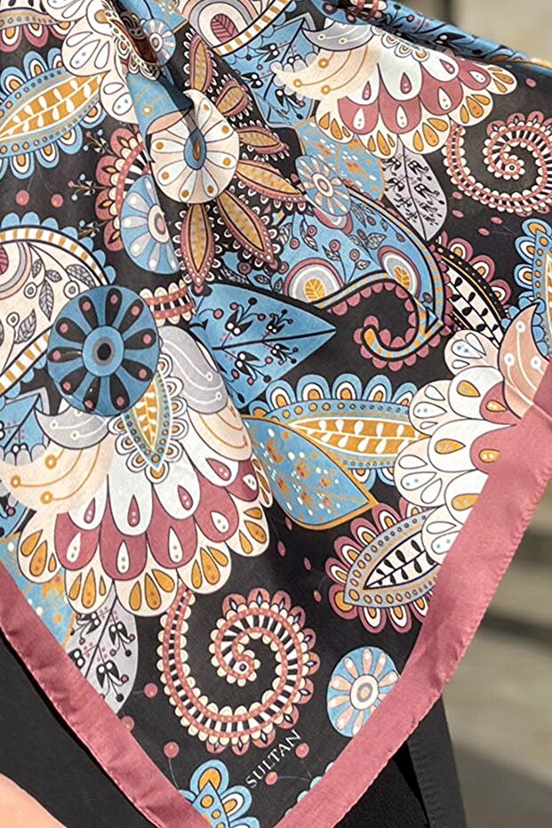 Soft Pamuk Şal - Çiçeksi Şal Desen - SLT2562-17 - Koyu Gül Kurusu, Mavi - 4