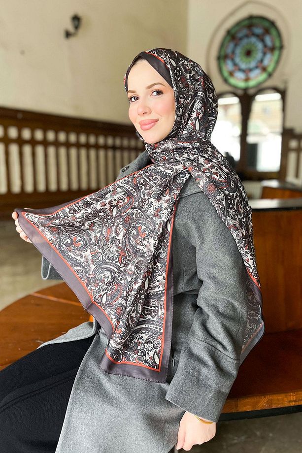 Soft Pamuk Şal - Etnik Desen - Slt1026-06 - Vizon, Kiremit - 4