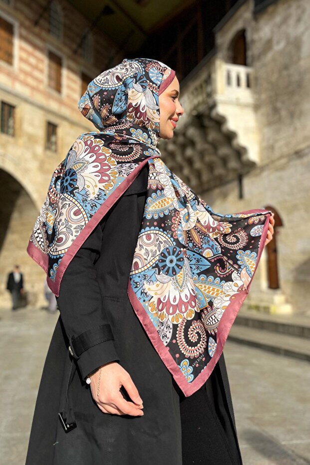 Soft Pamuk Şal - Çiçeksi Şal Desen - SLT2562-17 - Koyu Gül Kurusu, Mavi - 3