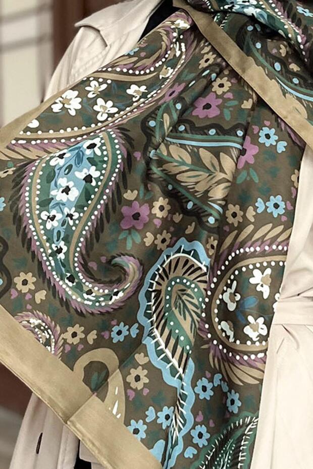 Soft Pamuk Şal - Şal Desen - SLT3079-16 - Yeşil, Mavi - 4