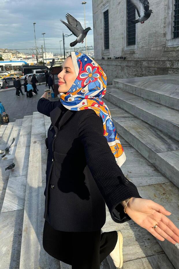 Soft Pamuk Şal - Mira Desen - SLT2527-01 - Mavi, Turuncu, Pembe - 4