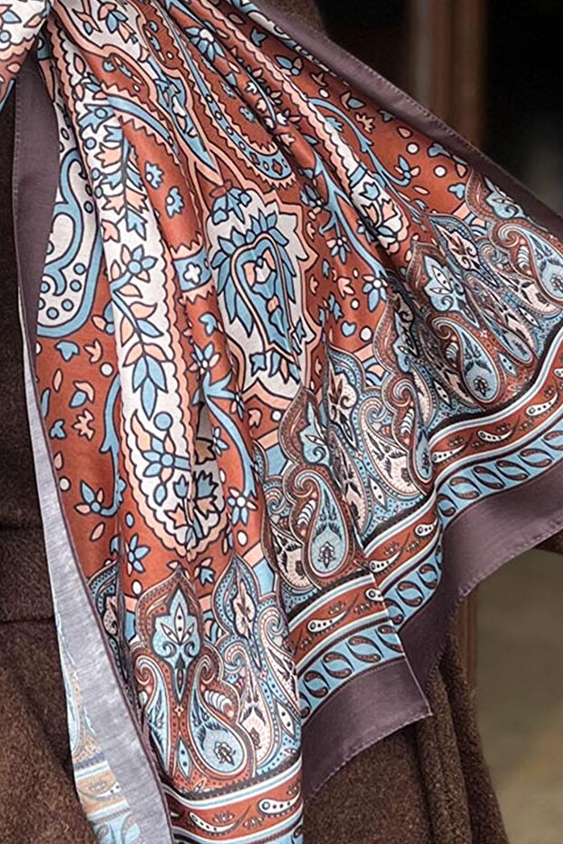 Soft Pamuk Şal - Otantik Desen - SLT2890-04 - Mavi, Kiremit - 6