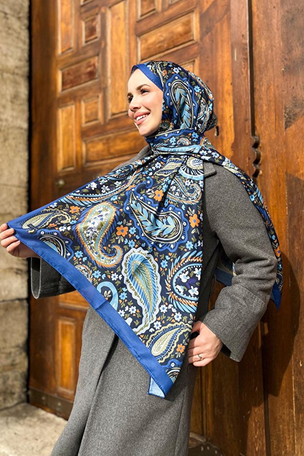 Soft Pamuk Şal - Şal Desen - SLT3079-01 - Lacivert, Yeşil, Turuncu - 1