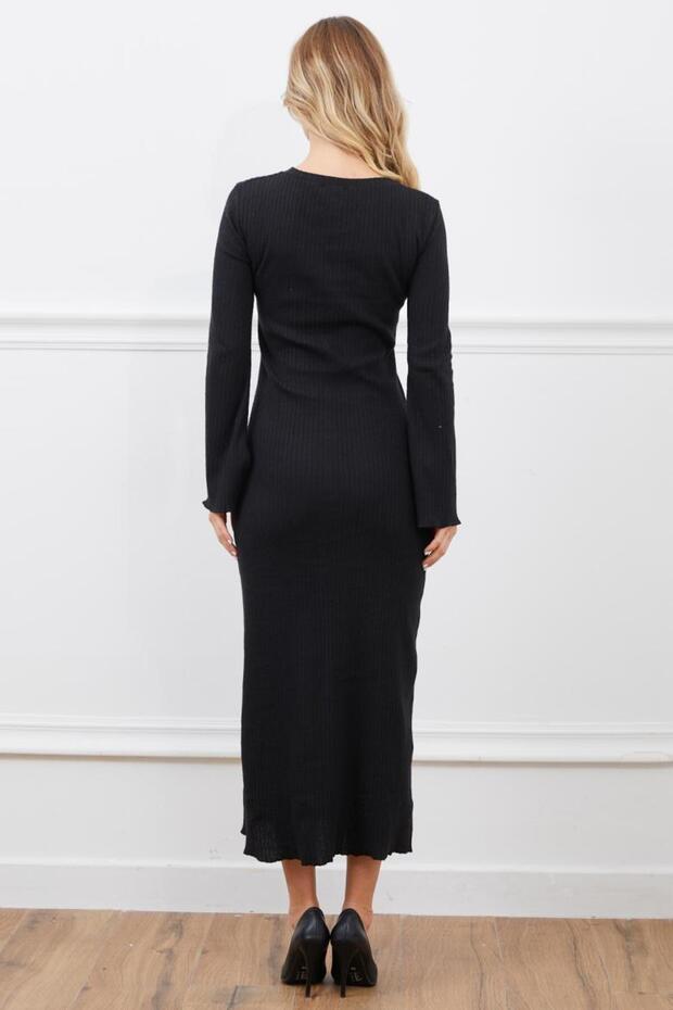 Siyah Fitilli Elbise - 4