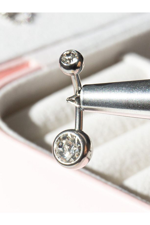 Cerrahi Çelik | İki Tarafı Taşlı Basic Minimal Göbek Belly Piercingi (1 Adet) - 1