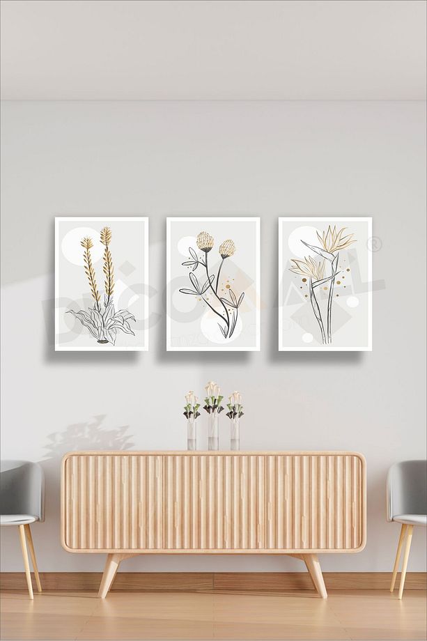 T-2 (75x50cm) 3 Parça Çerçeve Görünümlü Dekoratif Bohem Duvar Poster Seti Kendinden Yapışkanlı Folyo - 1