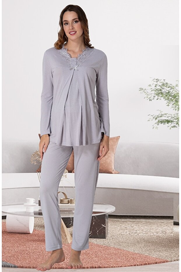 Lace Detailed Maternity Long Sleeve Cotton Pajamas Set
