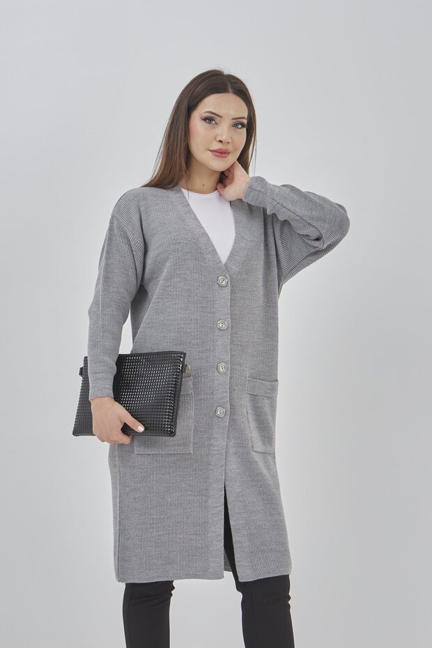 Women's Long Knitwear Seasonal Pocket Buttoned Lycra Cardigan