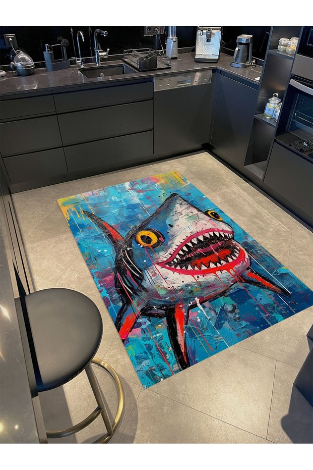 Kemal Collection Blue Themed Shark Patterned Woven Base Modern Decorative Carpet 48