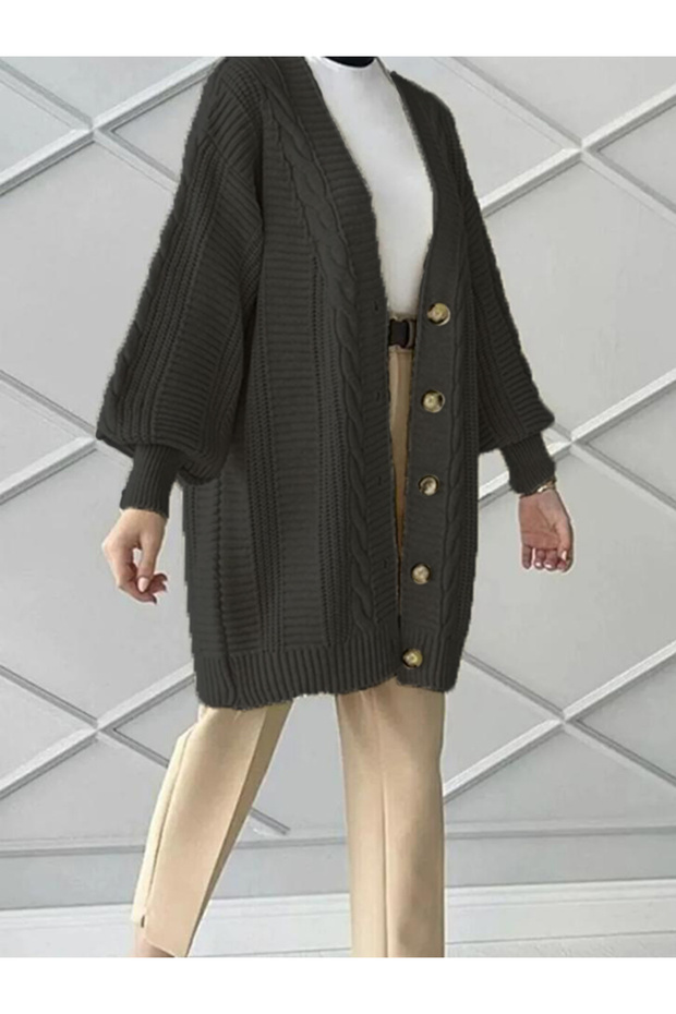 Oversize Balloon Sleeves Knitted Patterned Tricot Women's Cardigan (80cm, Size 38-44)
